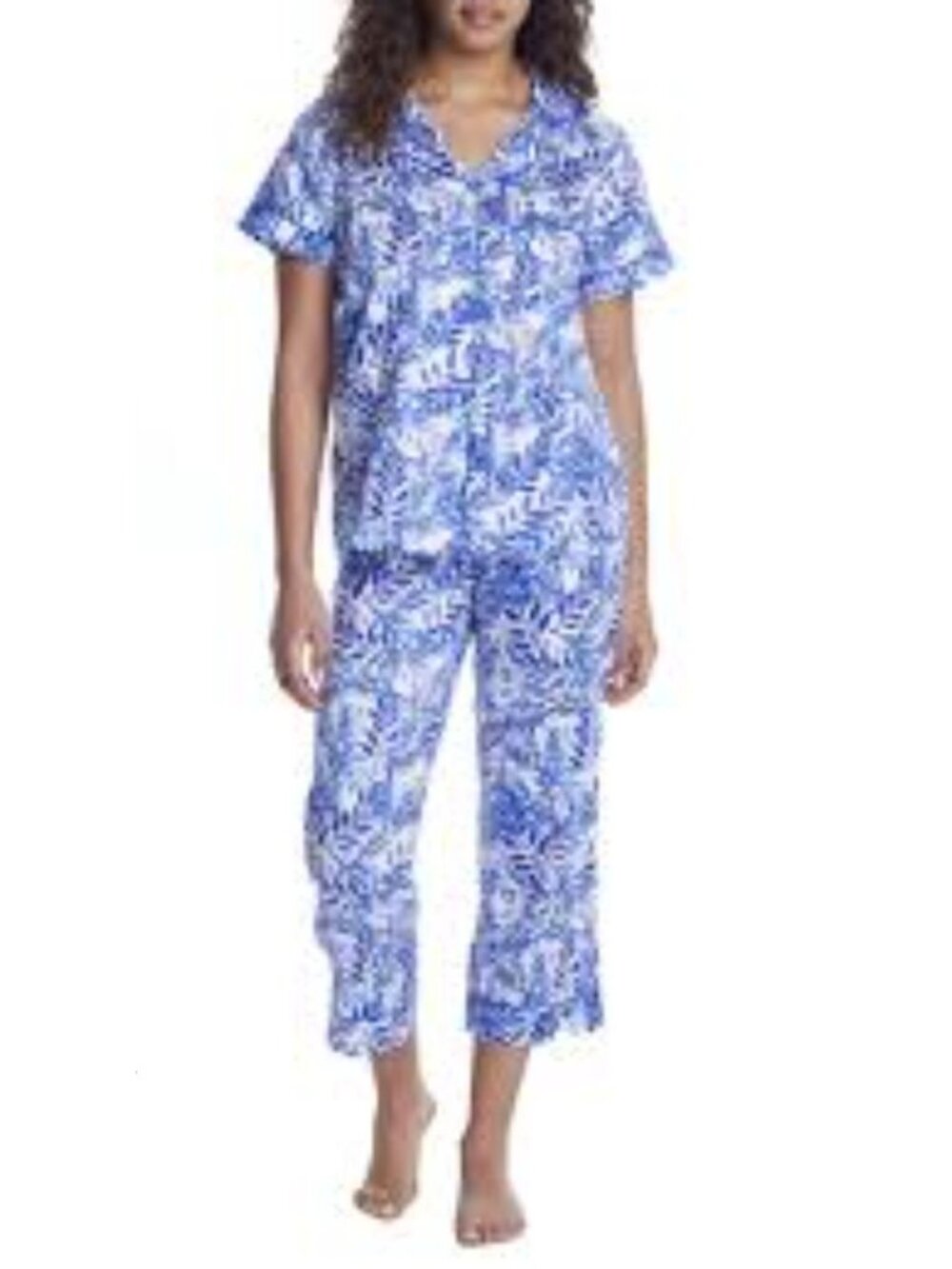 BEDHEAD Womens Blue Floral print Organic Cotton pajama set top bottom size Large